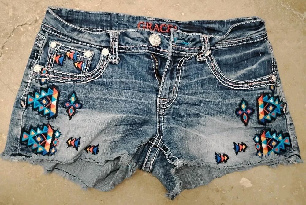 Size 29 Grace In La Aztec Colorful Embroidered Denim Blue Jean Cut Off Shorts